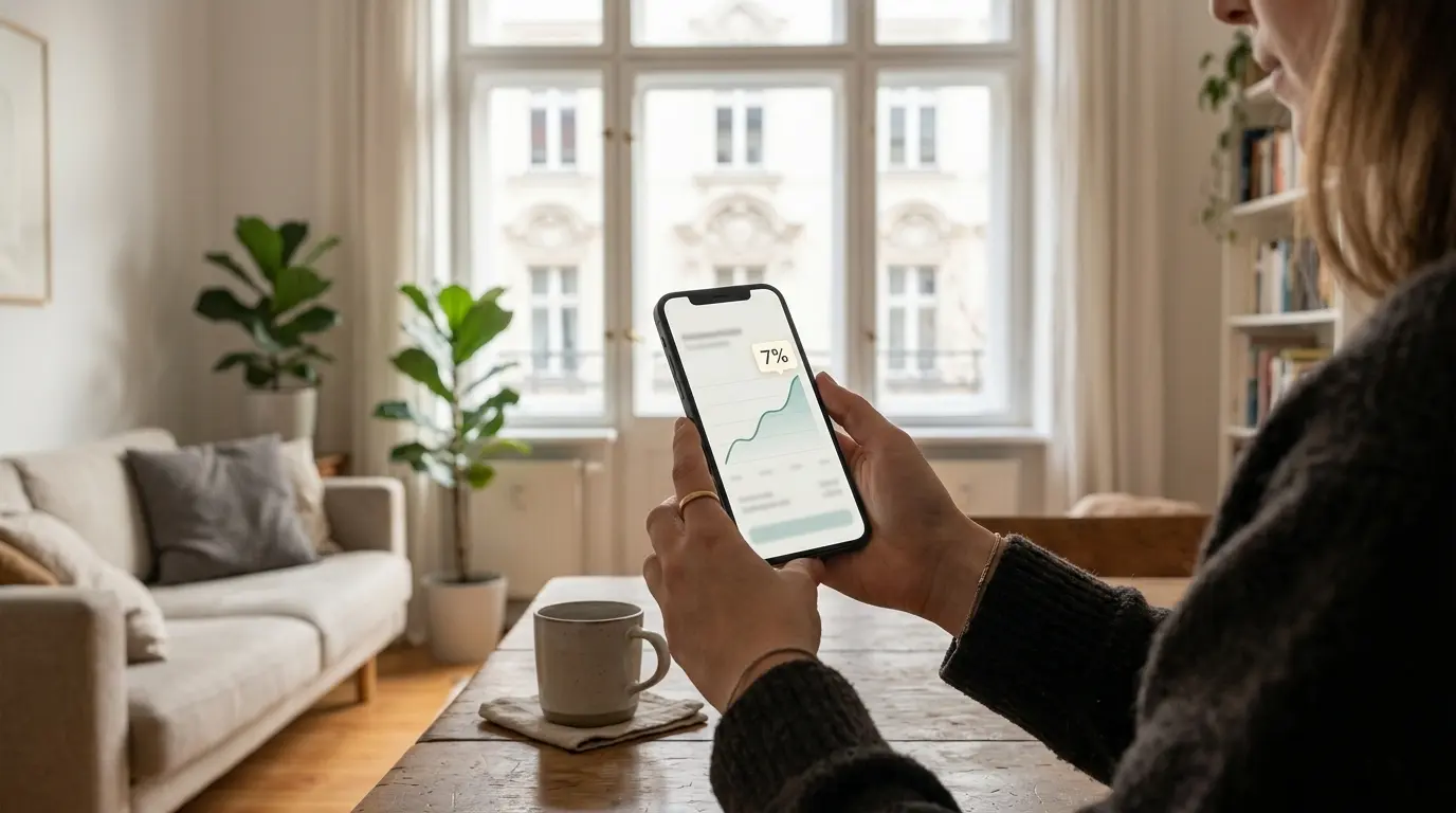 Smartphone mit einer Grafik von 7% Wachstum in einer hellen Wohnung